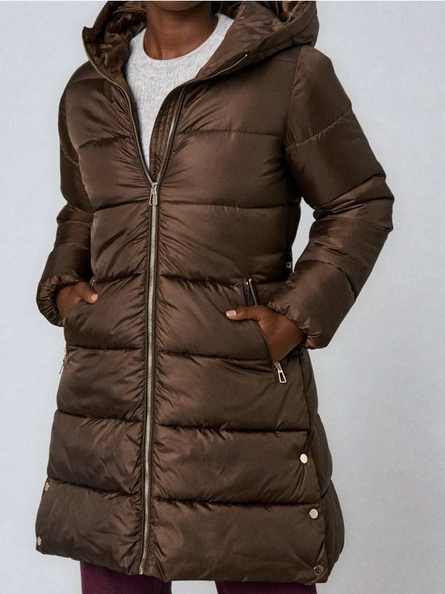 Sinsay - Prešívaný plášť s kapucňou - tmavohnedá