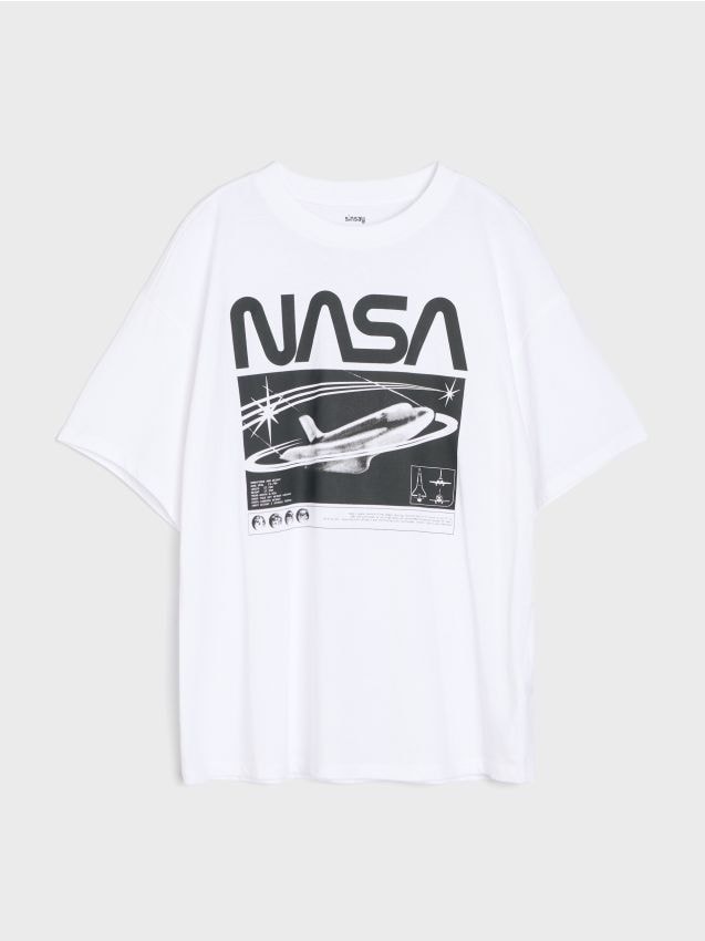 Sinsay - Tricou oversize din bumbac cu imprimeu NASA - alb