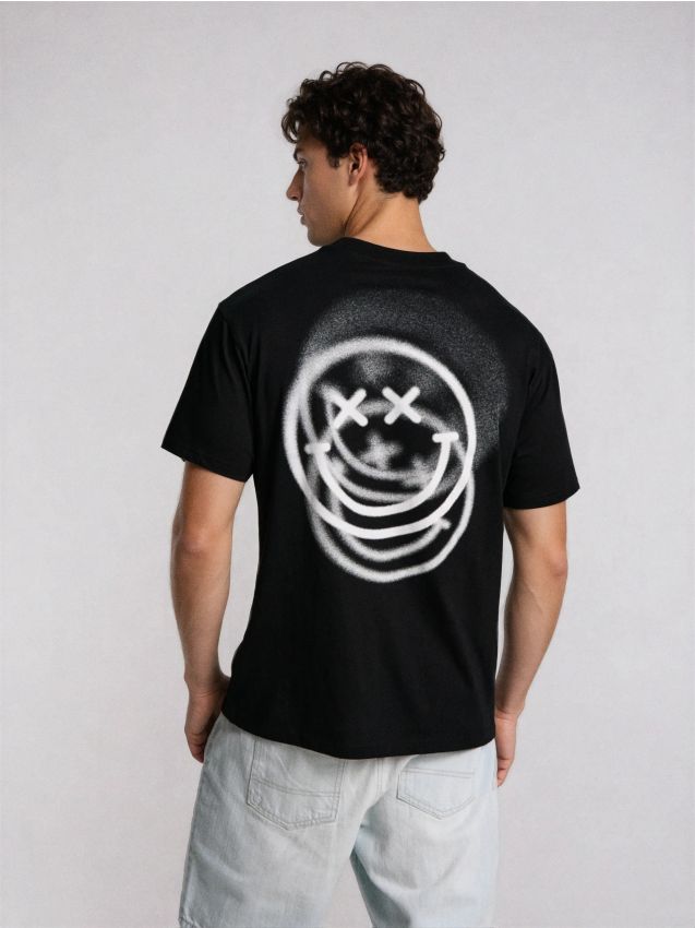 Sinsay - Tricou din bumbac cu imprimeu SmileyWord - negru