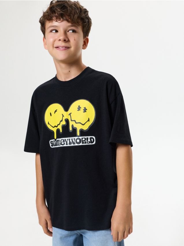 Sinsay - Tricou din bumbac cu imprimeu SmileyWorld® - negru