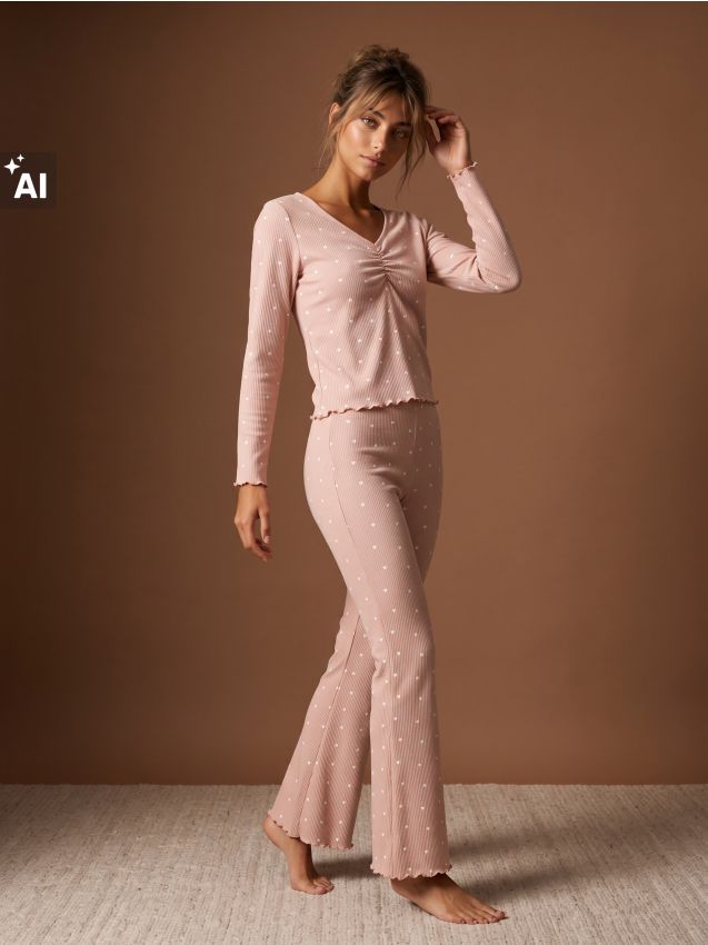 Sinsay - Pijama din bumbac din două piese cu inimioare - roz-pudră