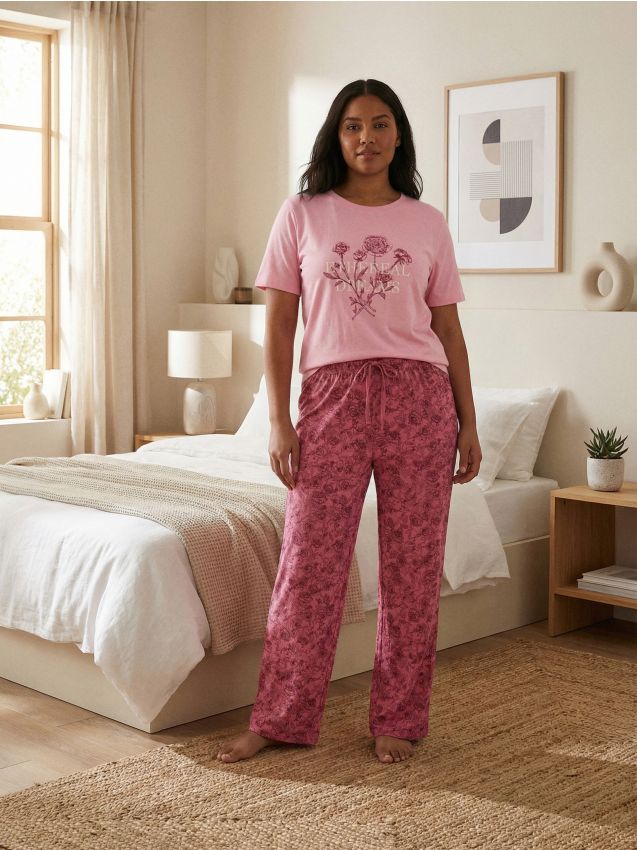 Sinsay - Bawełniana piżama dwuczęściowa z motywem kwiatowym - różowy
