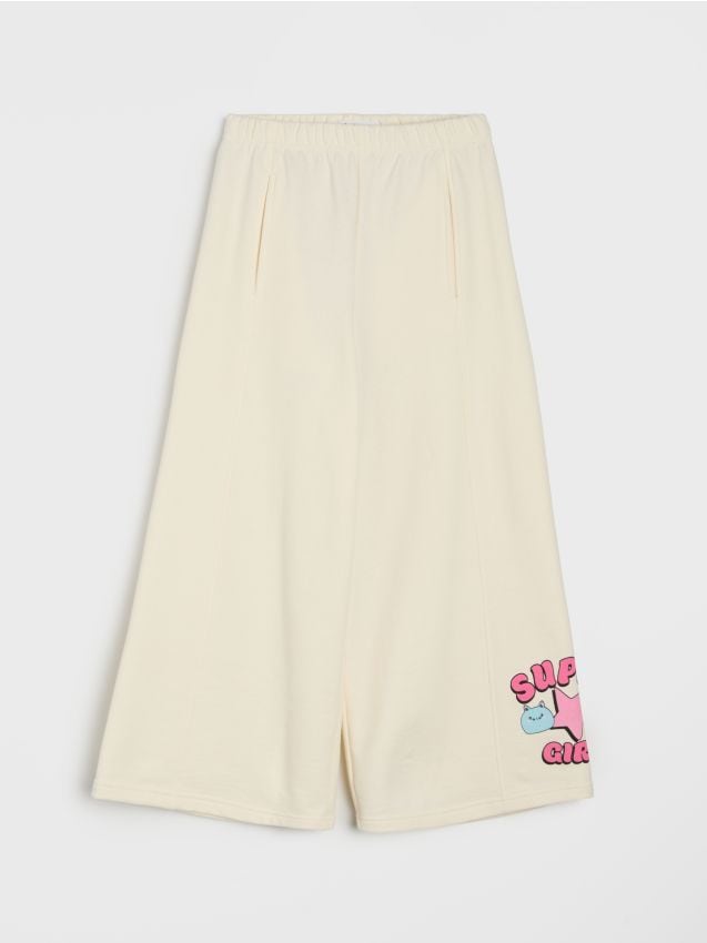 Sinsay - Pantaloni de trening wide leg din material terry - crem