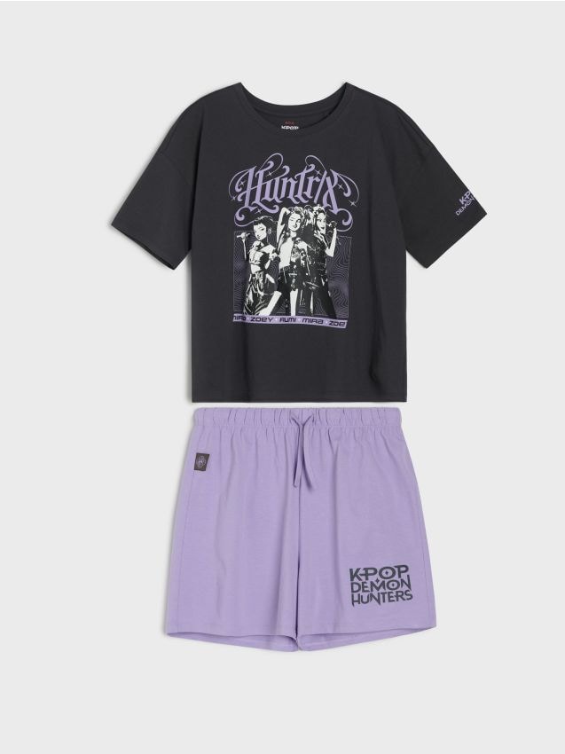 Sinsay - Pijama oversize din bumbac din două piese – tricou boxy și pantaloni scurți K-Pop Demon Hunters - gri-închis