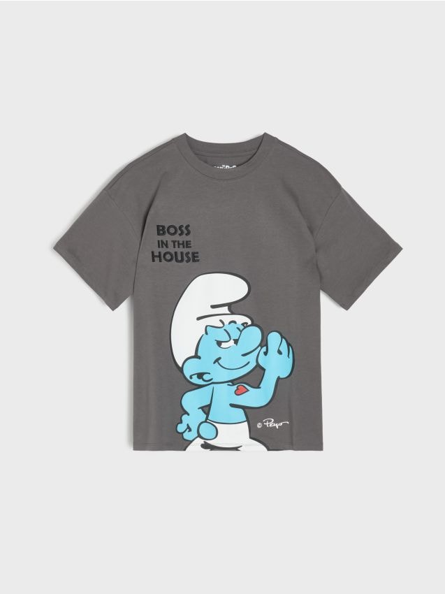 Sinsay - Tricou oversize din bumbac cu imprimeu The Smurfs - gri-închis