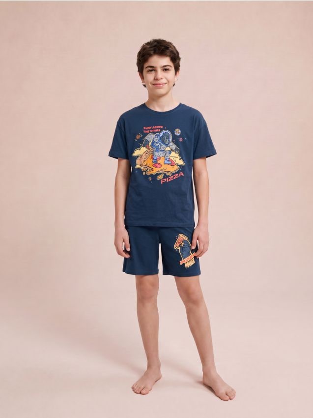 Sinsay - Pijama din bumbac, din două piese, cu motiv pizza - bleumarin