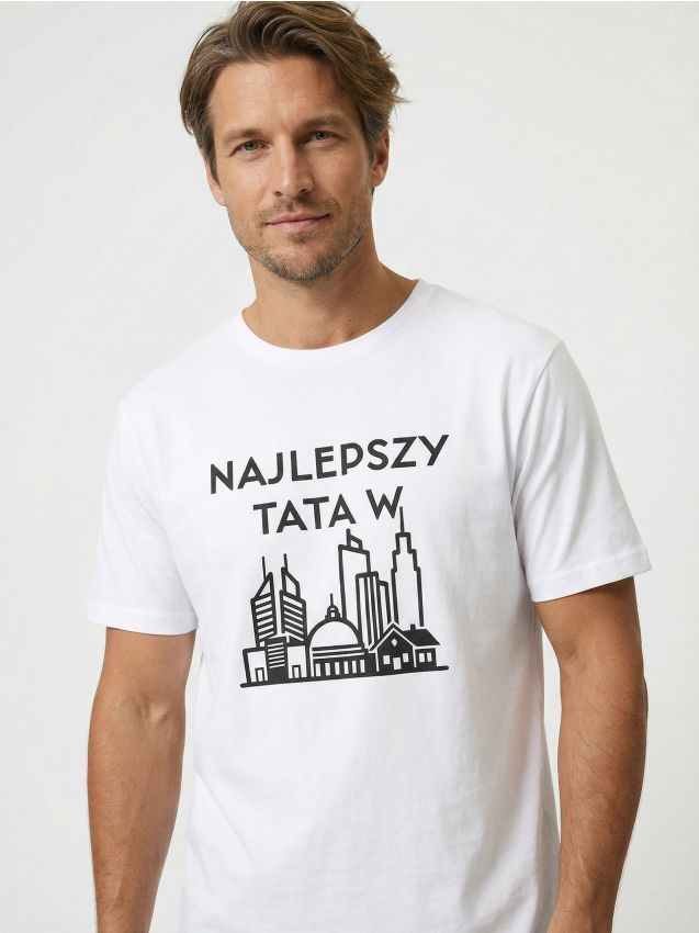 T-shirt in cotone con scritta Najlepszy Tata w Mieście - bianco