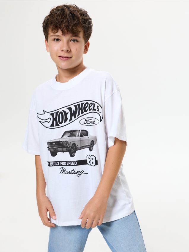 Sinsay - Tricou oversize din bumbac cu imprimeu Hot Wheels - alb