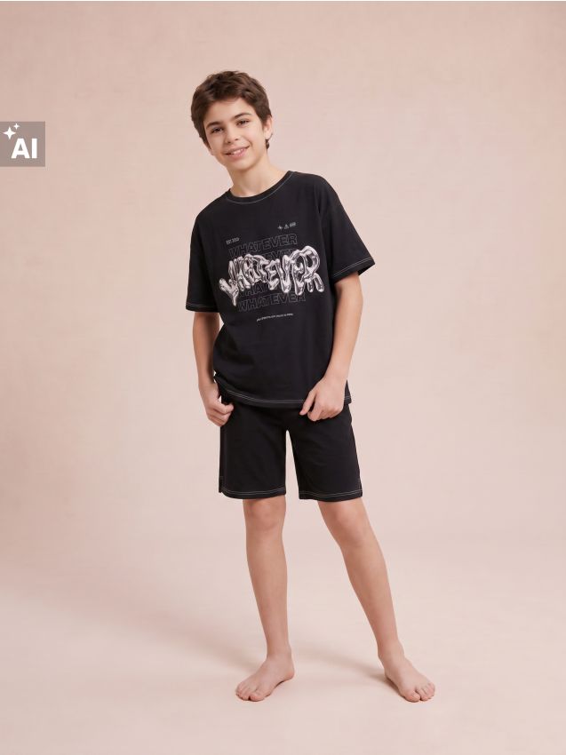 Sinsay - Pijama din bumbac, din două piese, cu inscripție din folie lucioasă - negru