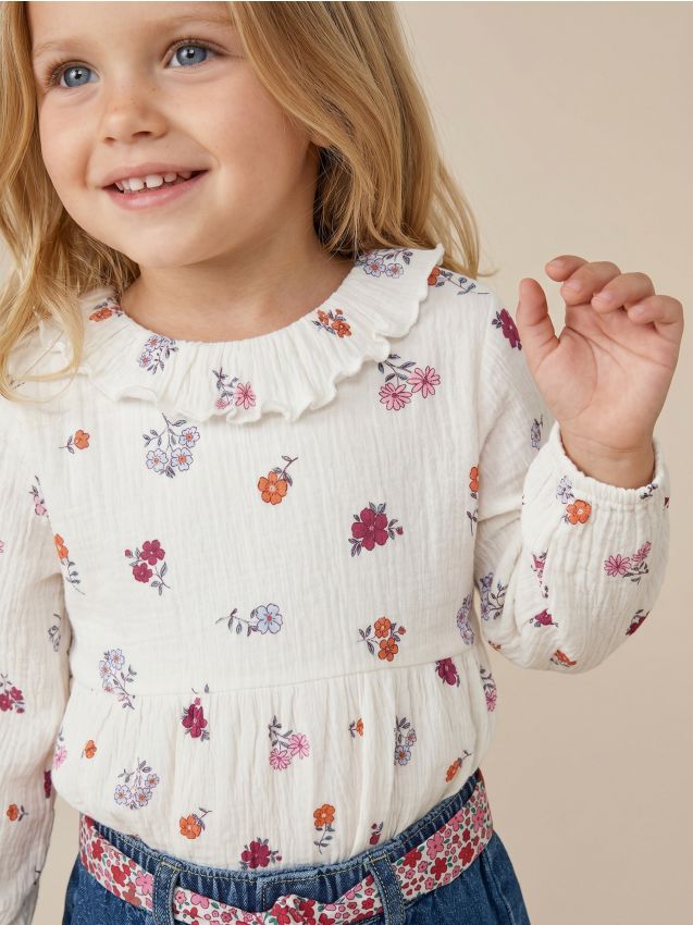 Sinsay - Body cu guler decorativ și model floral, cu bumbac - crem