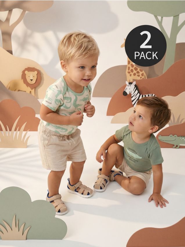 Sinsay - Body din bumbac cu motiv de crocodili 2 pack - verde-oliv deschis