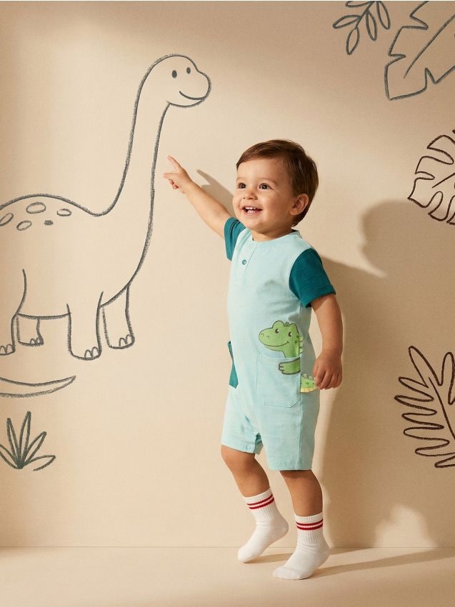Sinsay - Salopetă din bumbac cu motiv de dinozaur - turcoaz-deschis