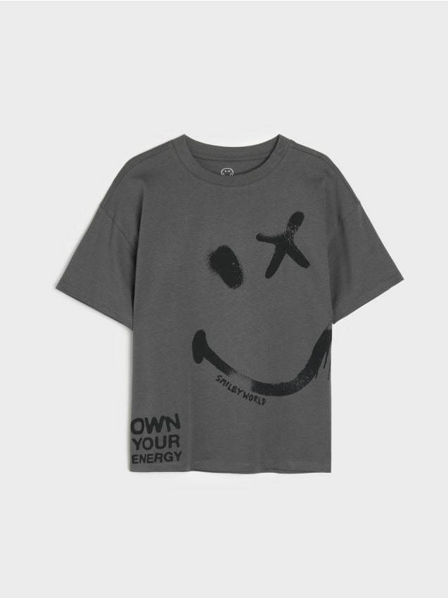 Sinsay - Tricou oversize din bumbac cu imprimeu SmileyWorld® - gri-închis