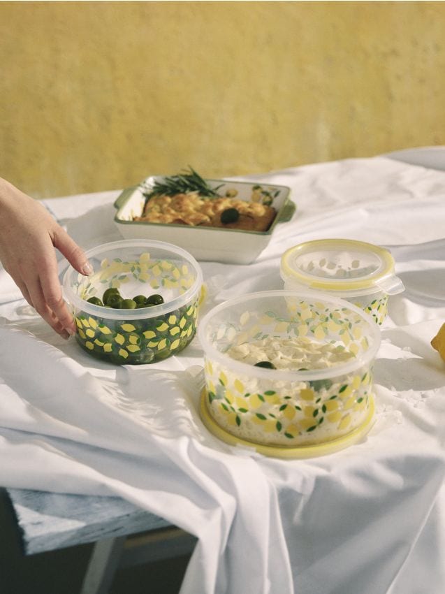 Sinsay - Set de recipiente pentru alimente cu capac, cu motiv de lămâi, 3 buc. - galben