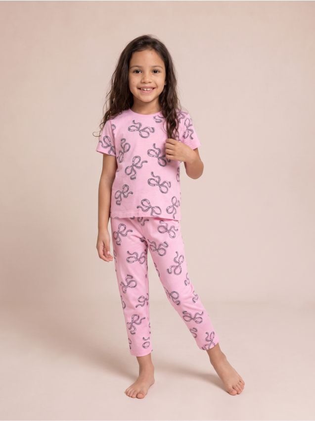 Sinsay - Pijama din bumbac din două piese cu motiv fundițe - roz-pastel