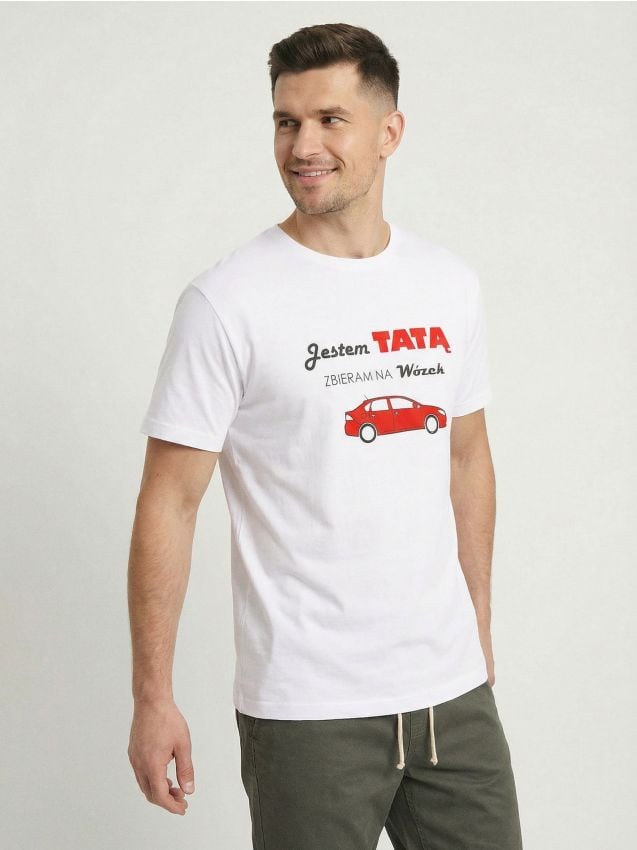 Sinsay - Tricou din bumbac cu inscripție Jestem Tatą Zbieram Na Wózek - alb