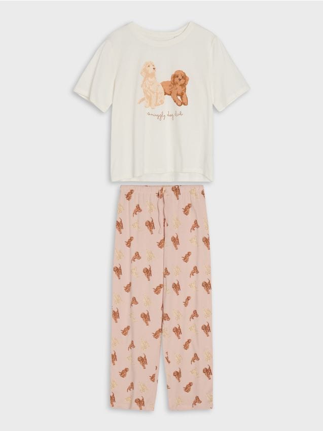 Sinsay - Pijamă din bumbac în două piese cu motiv de câini - crem
