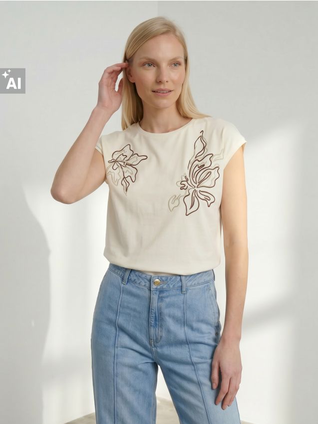 Sinsay - Tricou cu amestec de viscoză și broderie florală - crem
