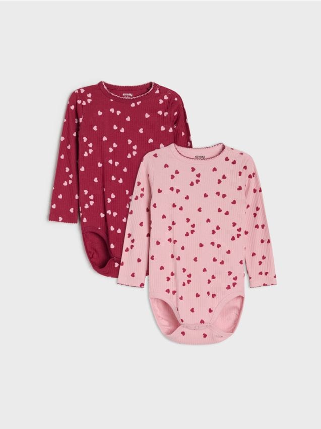 Sinsay - Body din bumbac din tricot rib cu motiv inimioare 2 pack - bordo