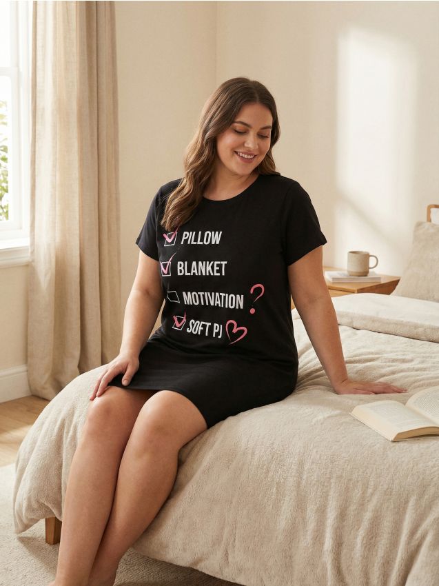 Sinsay - Camasa de noapte din bumbac cu mesaj - negru