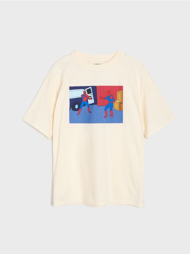 Sinsay - Tricou oversize din bumbac cu imprimeu Spider-Man - crem