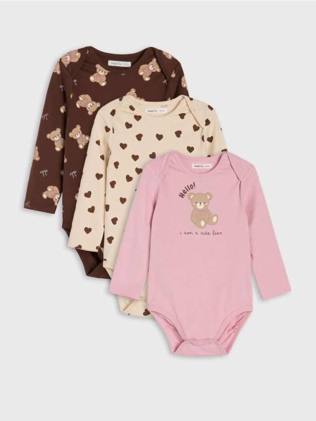 Sinsay - Body din bumbac cu model ursuleți 3 pack - roz-pastel
