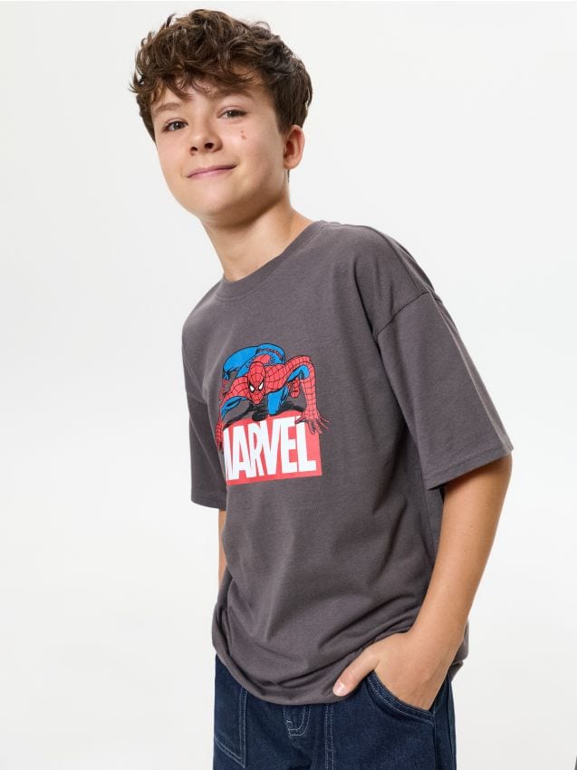 Sinsay - Tricou oversize din bumbac cu imprimeu Spider-Man - gri-închis
