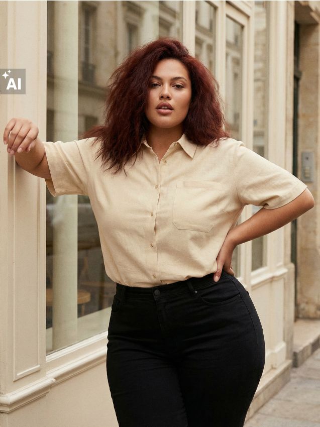Sinsay - Cămașă cu adaos de in Plus size - bej