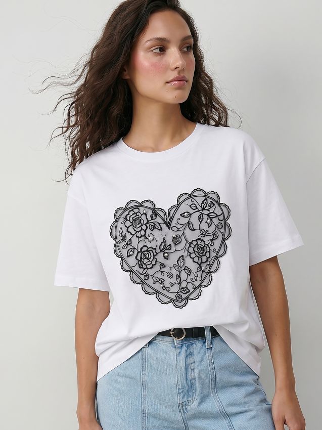 Sinsay - Tricou din bumbac cu aplicație din dantelă - alb