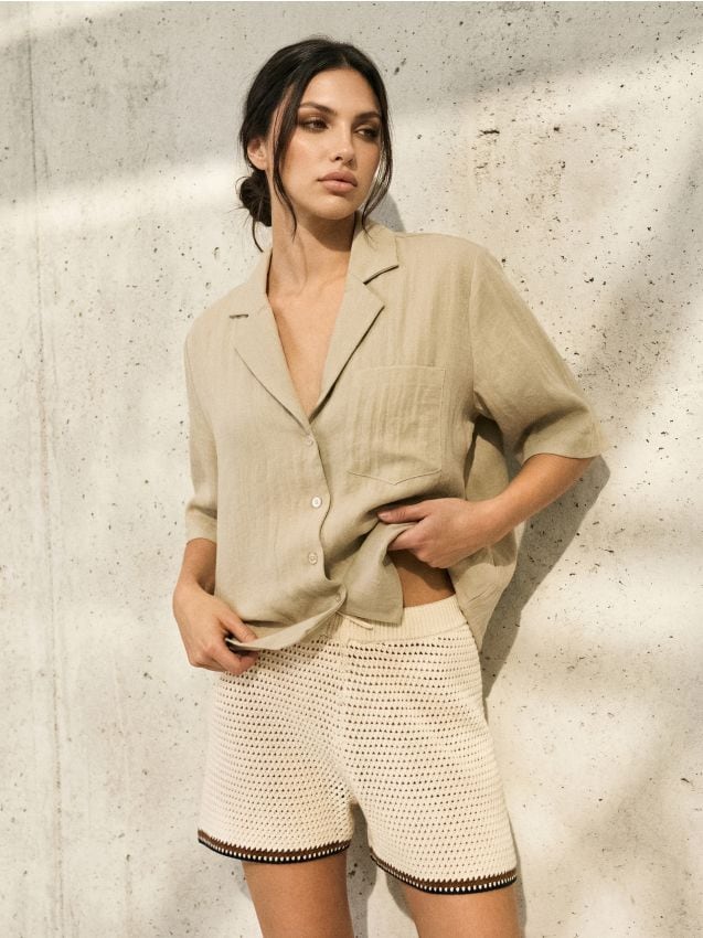 Sinsay - Cămașă cu adaos de in - galben-pal