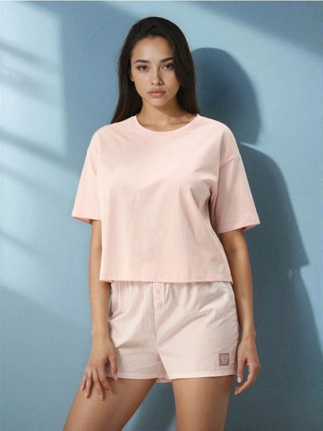 Sinsay - Bawełniana piżama z krótkim rękawem i szortami w paski - różowy