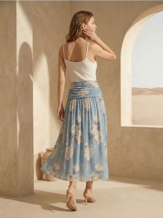 Sinsay - Fustă midi cu flori și detalii plisate - multicolor