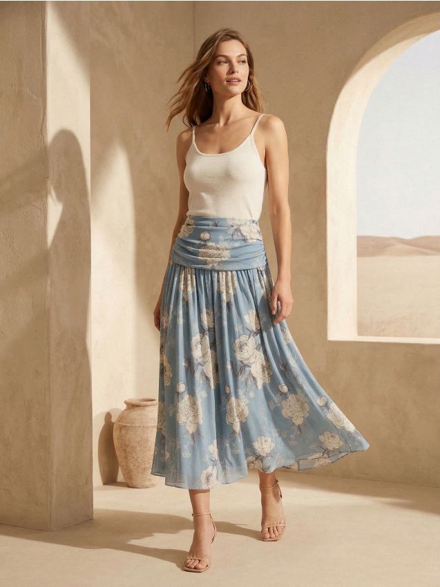 Sinsay - Fustă midi cu flori și detalii plisate - multicolor