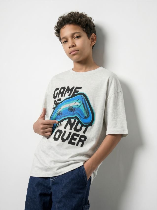 Sinsay - Tricou din bumbac cu imprimeu gaming - gri deschis