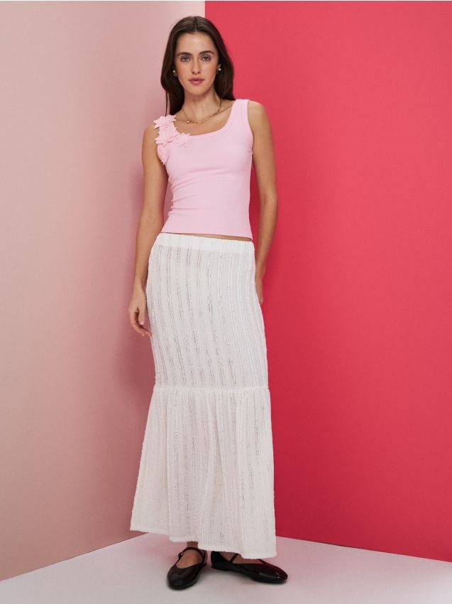 Sinsay - Fustă maxi texturată cu volan - crem