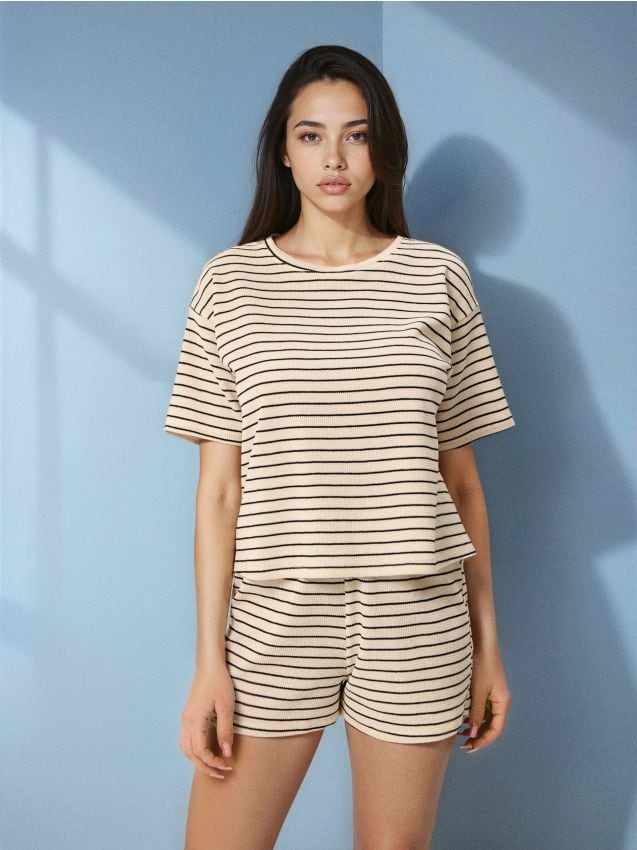 Sinsay - Piżama dwuczęściowa w paski - kremowy