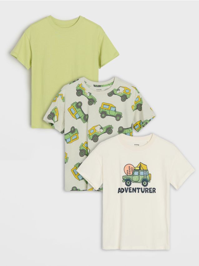 Sinsay - Tricouri din bumbac cu motiv de mașini off-road 3 pack - crem