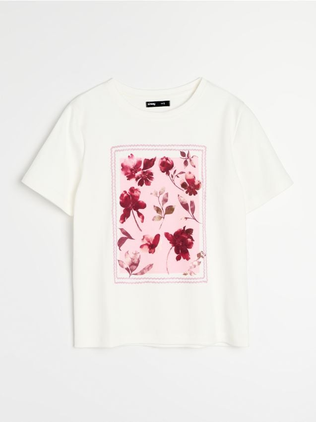 Sinsay - Tricou din bumbac cu imprimeu floral - crem