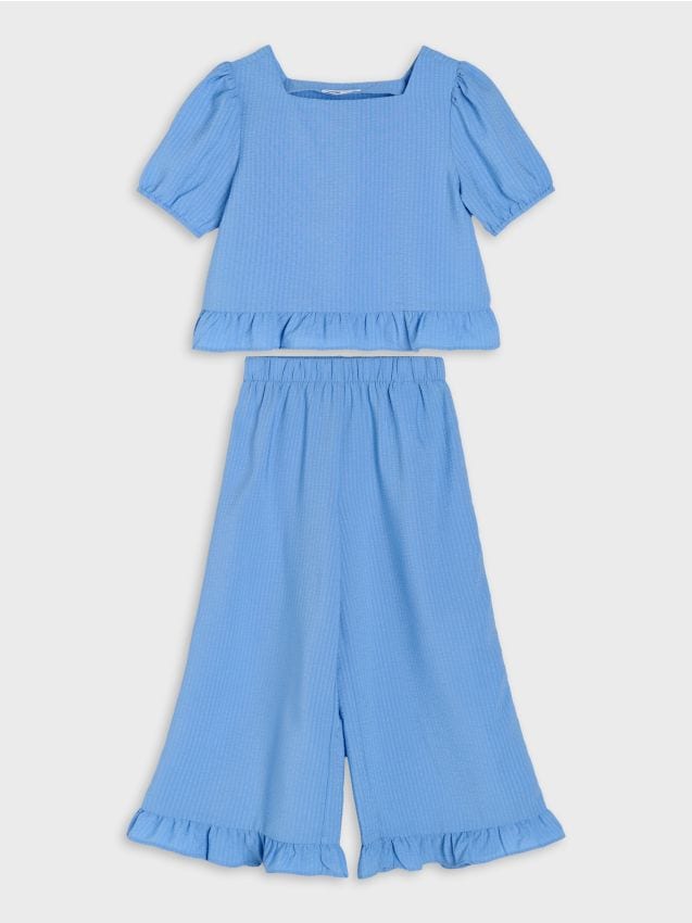 Sinsay - Komplet bluzka i spodnie z falbankami - niebieski