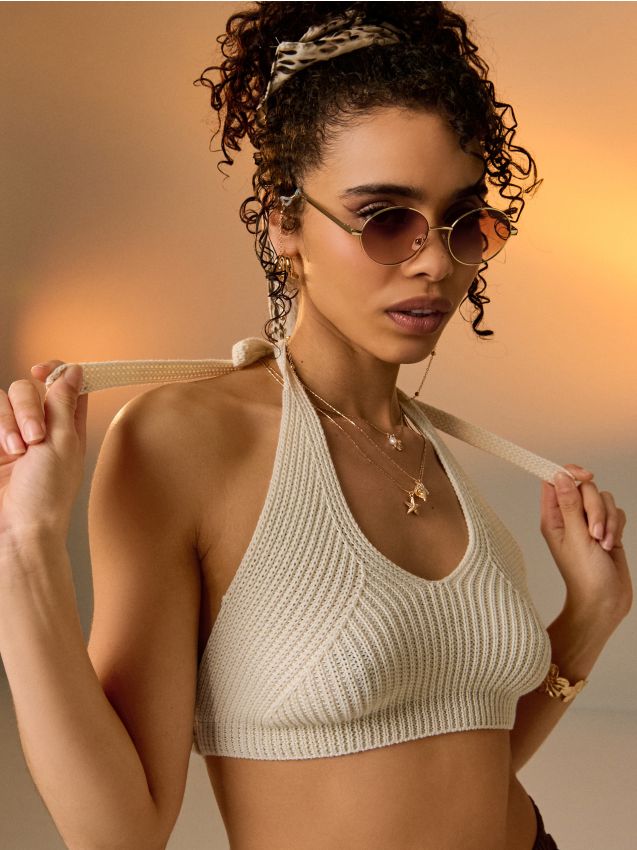 Top halter con laccetti al collo - panna