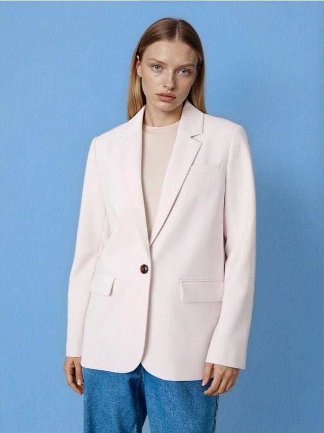 Sinsay - Sacou clasic simplu, într-o culoare solidă, cu amestec de vâscoză - crem