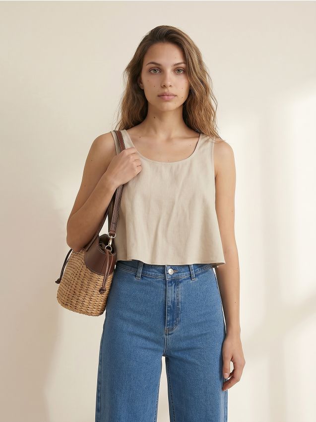 Sinsay - Crop top z ozdobnym wiazaniem z domieszką lnu - kremowy