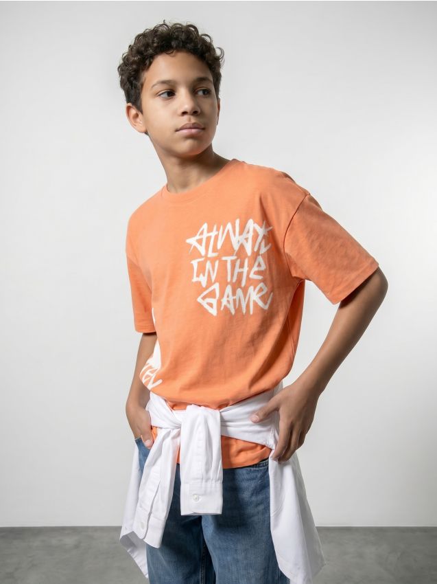 Sinsay - Tricou oversize din bumbac cu imprimeu - oranj-deschis
