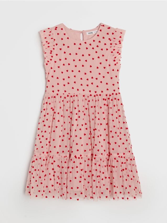 Sinsay - Tiulowa sukienka mini z ozdobnymi falbankami - różowy