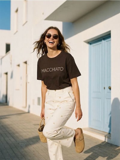 Puuvillane t-särk tikandiga tekstiga "Macchiato"