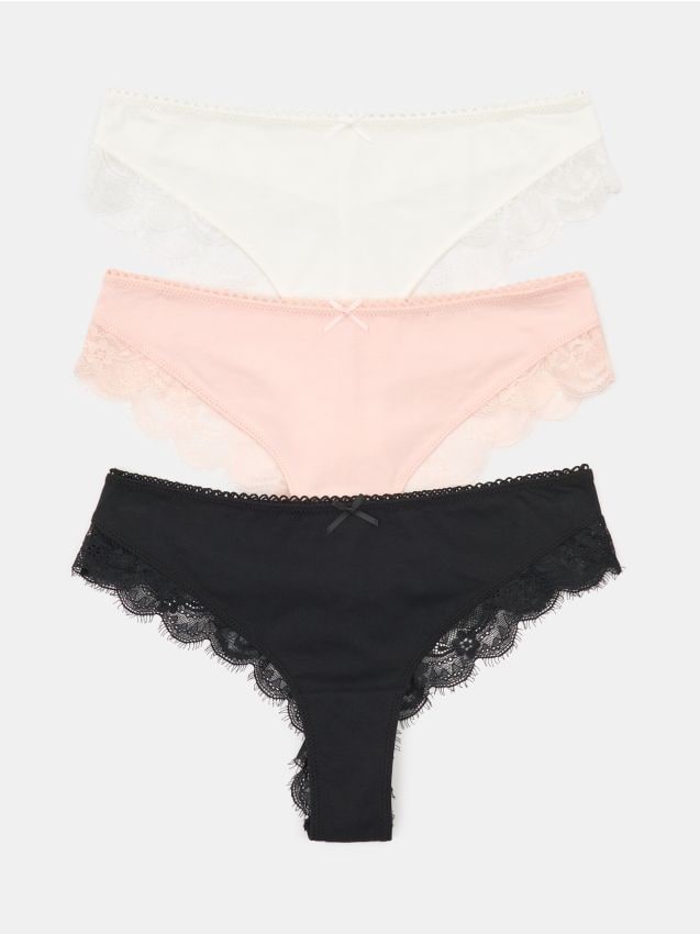 Sinsay - Bawełniane majtki typu brazilian z koronką 3 pack - wielobarwny