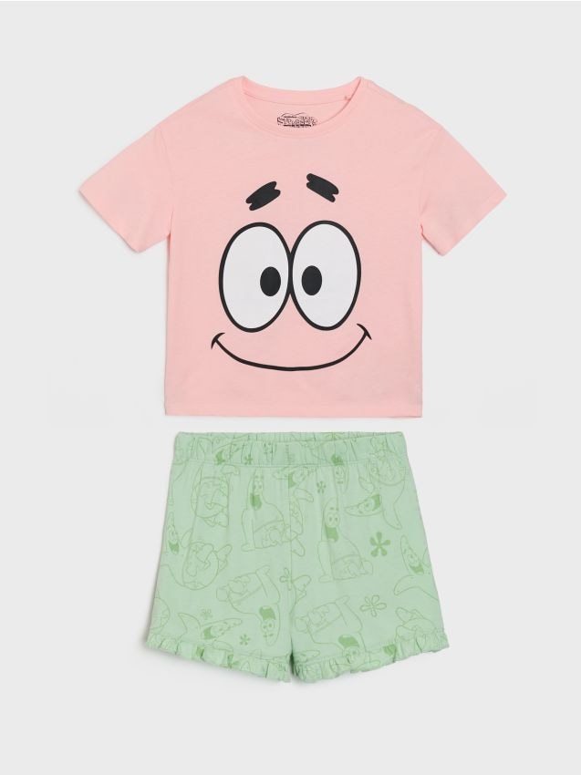 Sinsay - Pijama din bumbac în două piese cu imprimeu SpongeBob - roz-pastel