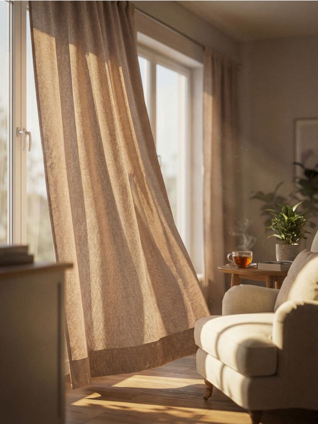 Tenda intrecciata lucida con nastro - beige
