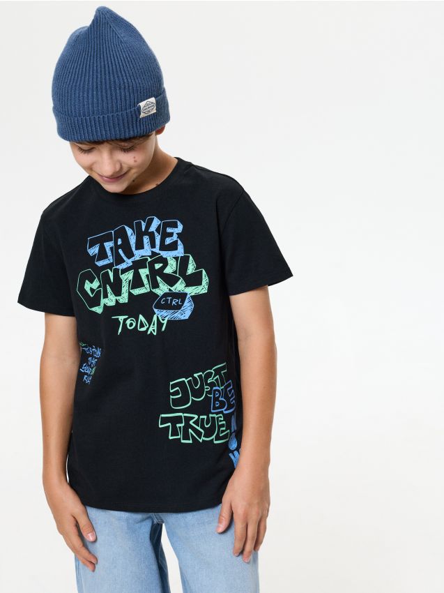 Sinsay - Tricou din bumbac cu inscripție - negru