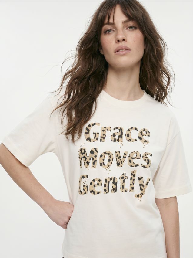 Sinsay - Tricou din bumbac cu imprimeu și strasuri - crem